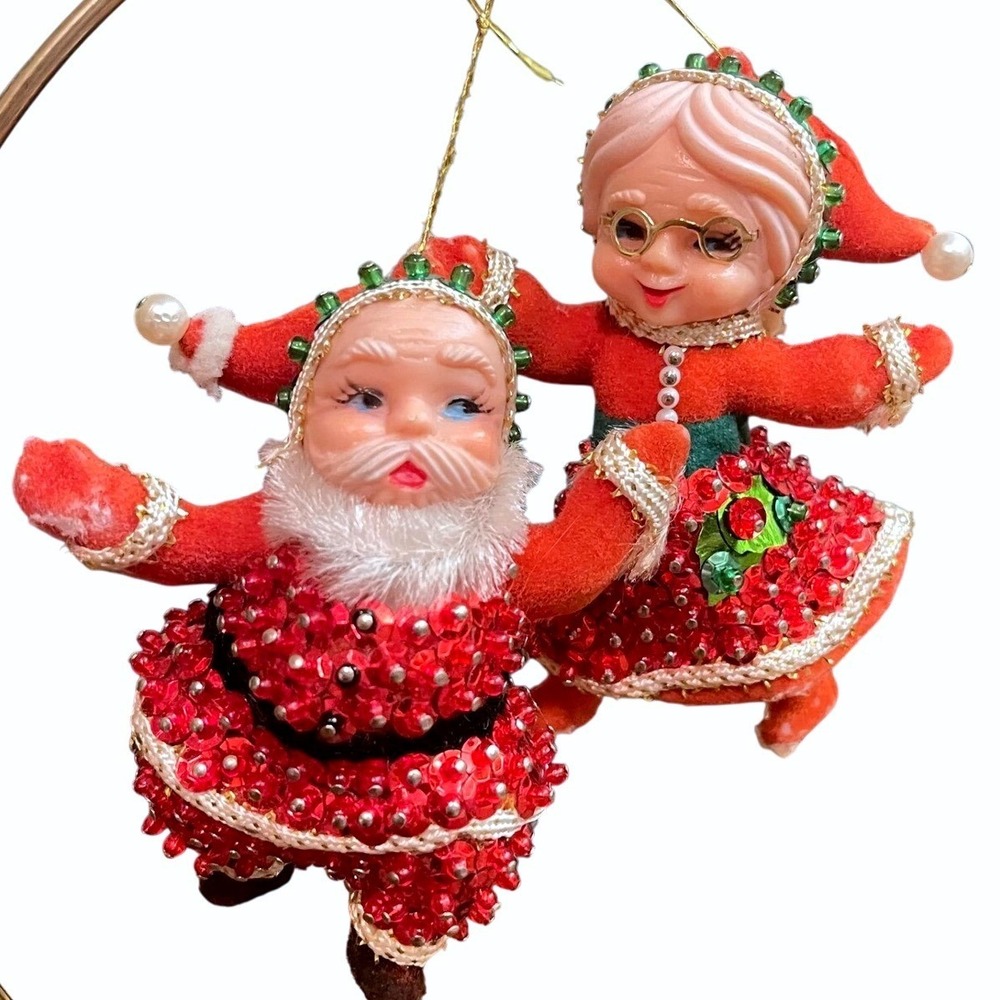 Vtg 60s Flocked sequin Dancing Santa mrs Claus Christmas Ornament MCM Felt Japan